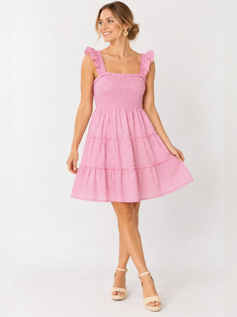 J.Crew Pink White Striped Smocked Tiered Ruffle Sundress Size L NWT $110